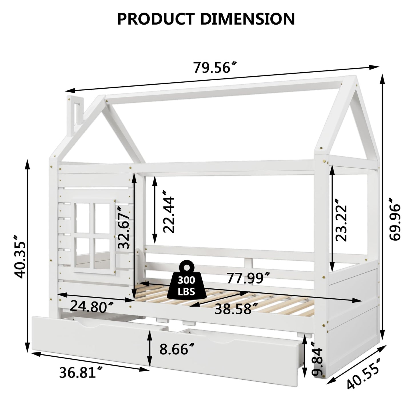 HUMEHA Twin Size Kids House Bed with 2 Storage Drawers, Twin House Bed Frame with Roof and Window, Twin Bed Frames for Kids with Slats, Modern Wooden Montessori Bed for Bedroom, White