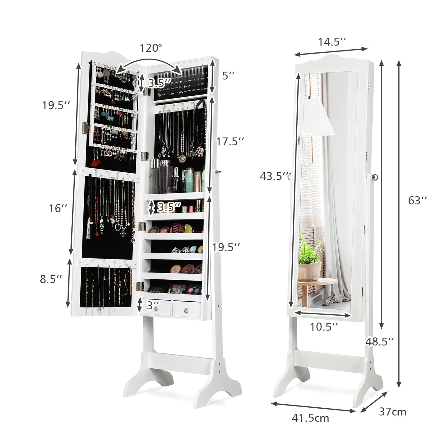 NAFORT Jewelry Armoire, Mirror with Jewelry Storage, 14 LED Lights Jewelry Organizer, Standing Lockable Jewelry Cabinet with Full Length Mirror, Jewelry Organizer with 2 Drawers, White