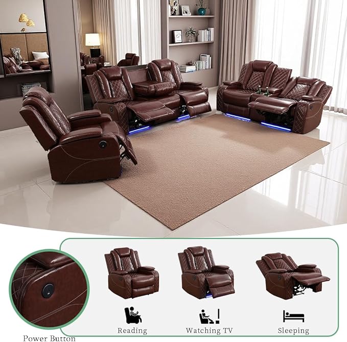 Dekmxas Living Room Furniture Sets, Power Reclining Sofa Set with LED Light, Brown 3-Piece Power Recliner Sofa with Cup Holders, Storage Console, Drop-Down Table for Office/Living Room/Home Theater