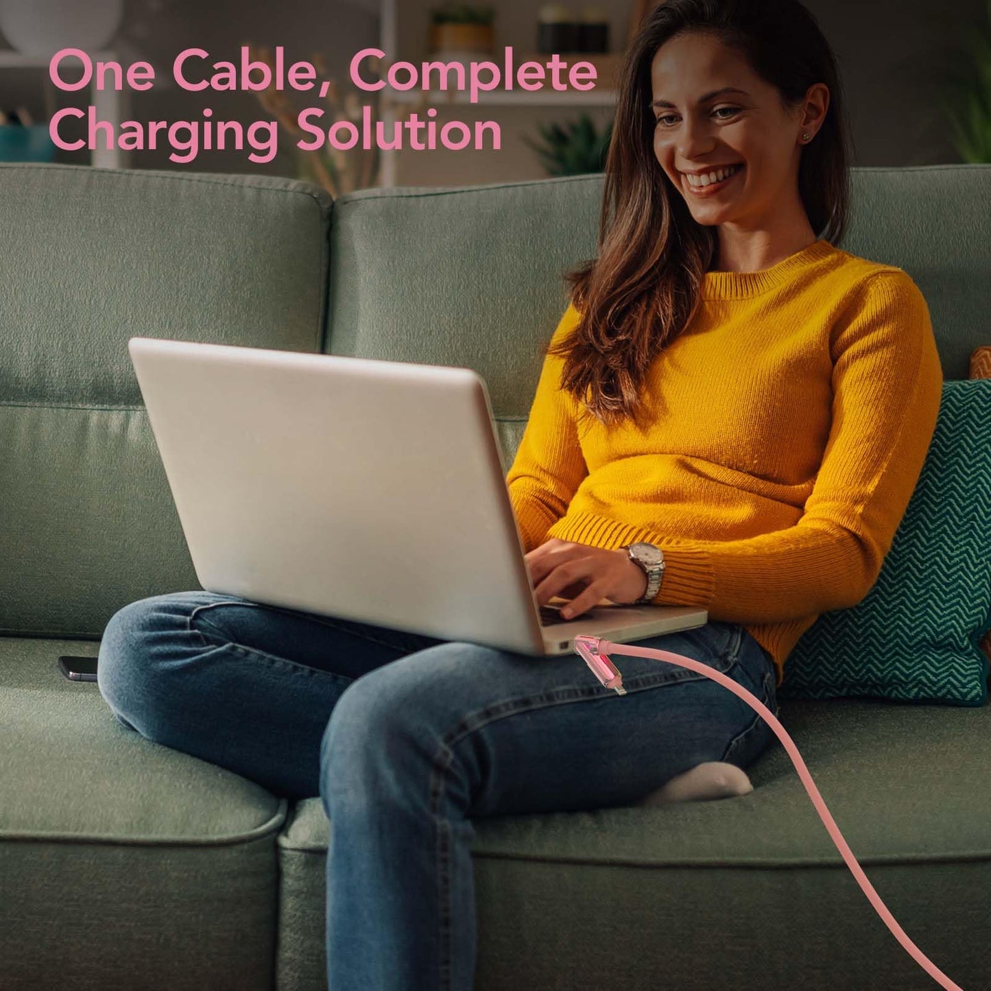 MFish 4-in-1 Universal Multi USB Charging Cable – 240W Max Fast Charger Cord with Multiple Connectors for iPhone 16/15/14/13, iPad, Samsung, MacBook, Tablets & More (Pink, 6.6Ft)