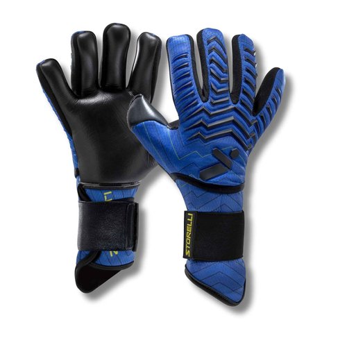 Storelli Electric Goalkeeper Gloves, High-Impact Hand Protection with 5 Removable Finger Spines, German Contact Latex, Wrist Strap, Extended Cuff, Youth & Adults, Unisex, 1 Pair, Blue Charge, Size 10