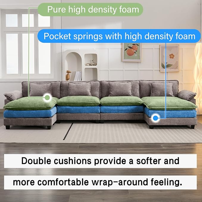 Oprisen 154" Modular Sectional Sofa, Comfy Cloud Couch Sectional Sofa with Ottoman, Chenille Sofa Sleeper Deep Seat Sofa with Throw Pillows for Living Room (Light Gray, 154"- U Shape)