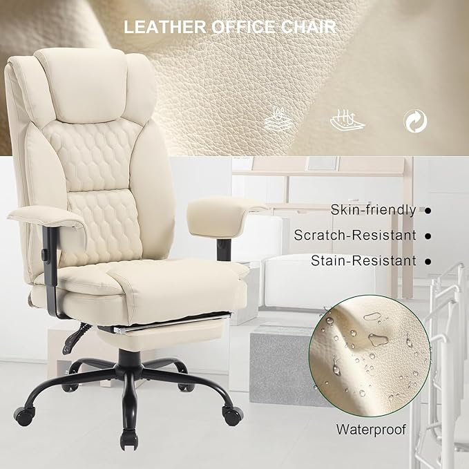 Reclining Office Chair with Footrest, 400Lb Big and Tall Office Chairs High Back Executive Computer Gaming Chairs with Wide Seat Pu Leather Recliner Home Desk Chairs for Adult,Beige