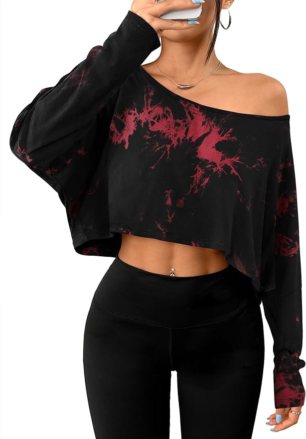 Hilinker Womens Off Shoulder Long Sleeve Crop Tops Sexy Boat Neck Loose Casual T Shirt
