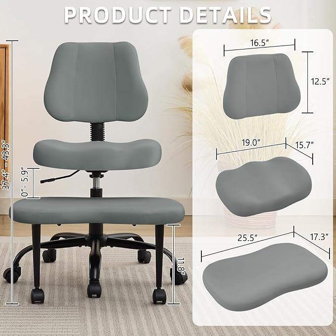 Ergonomic Cross Legged Office Chair, Criss Cross Chair with Wheels, 360°Swivel ADHD Meditation Kneeling Yoga Seat with Adjustable Height, Ergonomic Back Support and Leg Rest, Leather (Gray)