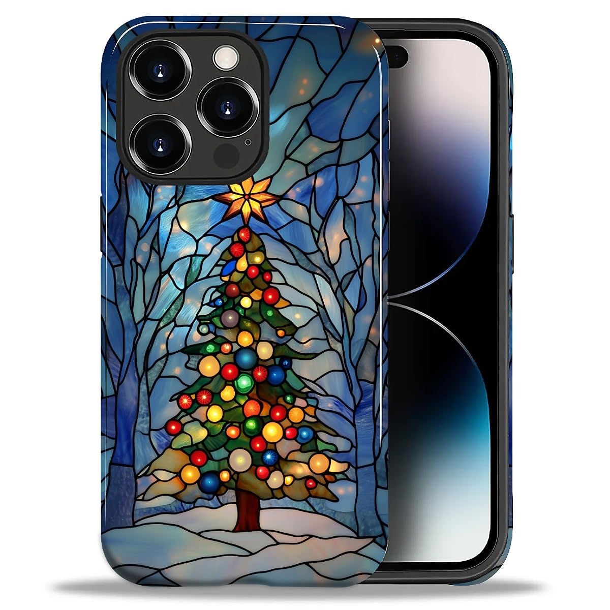 SKAMIX Case for iPhone 14 Pro Max,Drop Protection Hybrid 2-Layer Hard Phone Cover-Stained Glass Winter Christmas Tree