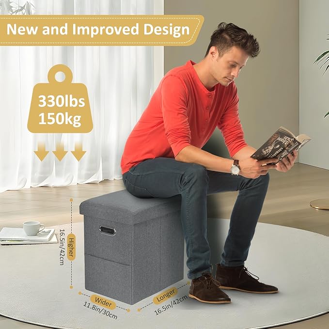 Emosoon Tall Ottoman with Storage Collapsible Fabric Small Slim Folding Ottoman Furniture with Handles Lid for Room Footrest Foot Stool Linen Grey 16.5x16.5x11.8in