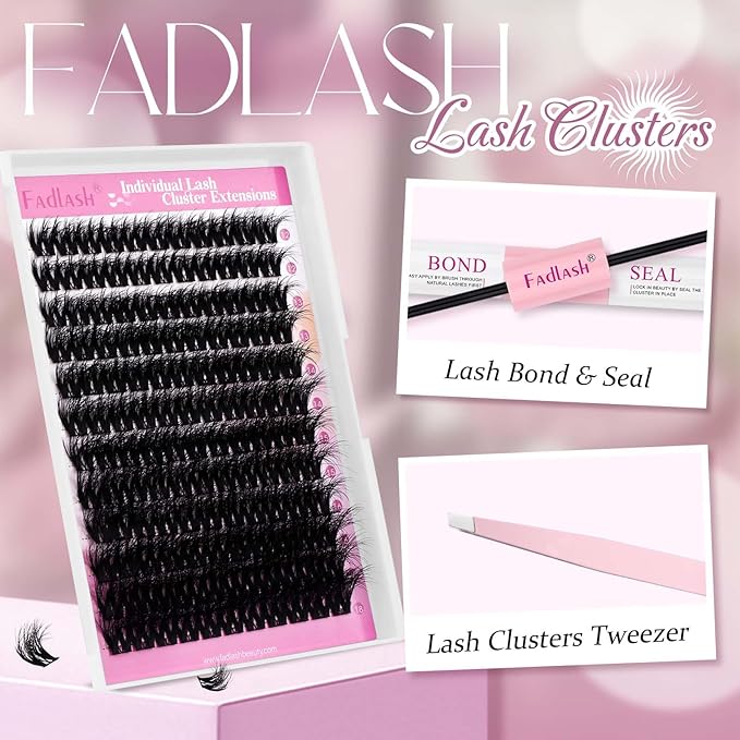 FADLASH Lash Extension Kit Lash Clusters Kit 12-18mm Cluster Lashes Eyelash Exctensions with Lash Bond and Seal and Lash Tweezers DIY at Home (L01 Kit)