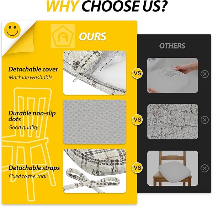 AAAAAcessories D-Shaped Chair Cushions, 2" Thick Dining Chair Pads with Ties and Removable, Machine-Washable Cover, 17" x 16", Yellow Checkered