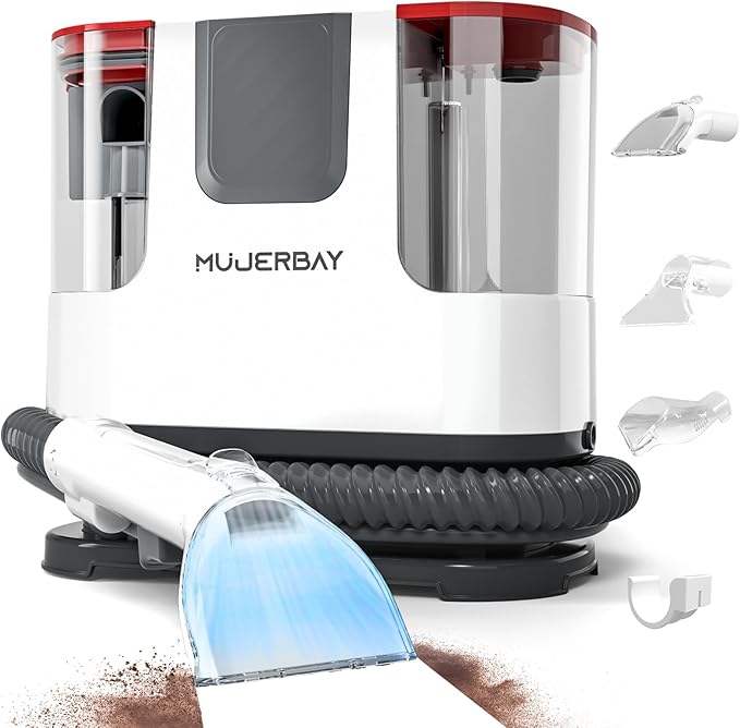 Upholstery Carpet Cleaner, MUJERBAY 12Kpa Portable Spot & Stain Cleaner Shampooer, Move with Universal Wheels & Handle, 1.18-inch Deep Cleaning Machine for Couch, Stairs, Car & Messes.Red
