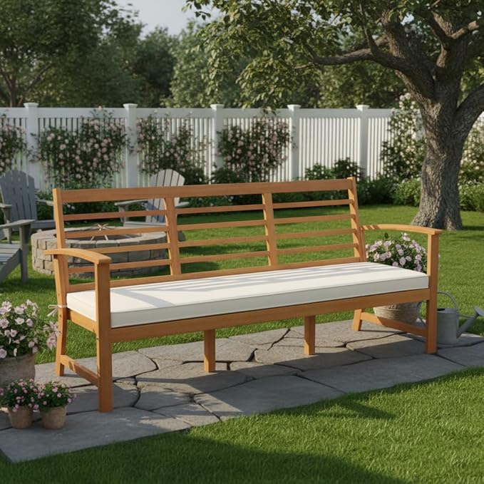 Tangkula 64 Inch Patio Acacia Wood Bench, 3-Seat Extra Long Chair with Cushion, Slatted Seat & Backrest, 3-Person Outdoor Wood Bench for Backyard, Porch, Balcony & Garden