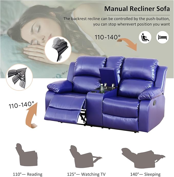 A Ainehome Living Room Furniture Set Leather Recliner Sofa Set Loveseat Chair Furniture Sofa Set for Living Room/Small Space/Rv/House/Office/Theater Seating (A-Blue Leather, Loveseat)