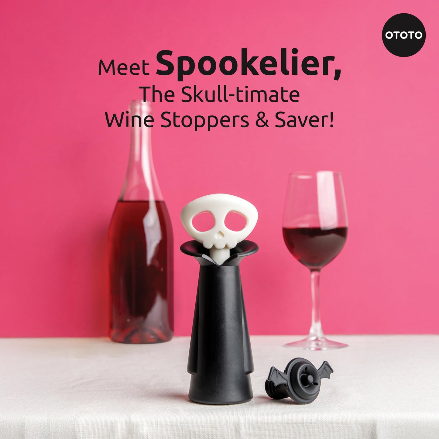 OTOTO New Spookelier Wine Saver Pump and 3 Wine Stopper - Wine Bottle Stoppers for Wine Bottles, Wine Stoppers Vacuum, Spooky Goth Accessories, Fun Skull Halloween Goth Kitchen, Goth Gifts Gadgets