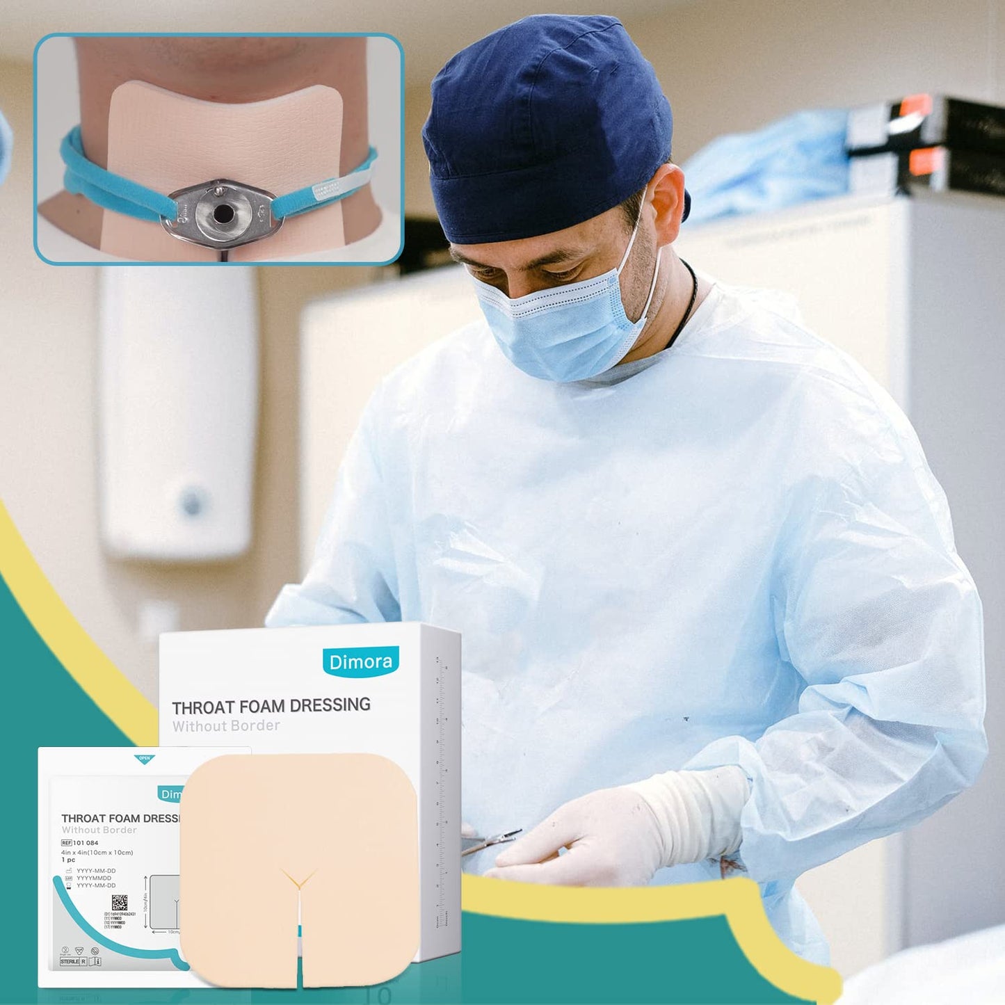 Dimora Fenestrated Foam Dressing, Non-Adhesive Tracheo Pads 4"x4" 10 Packs, Tracheostomy Supplies Hydrophilic Highly Absorbent Soft Wound Dressings, Secure Tubes and Absorb Leakage
