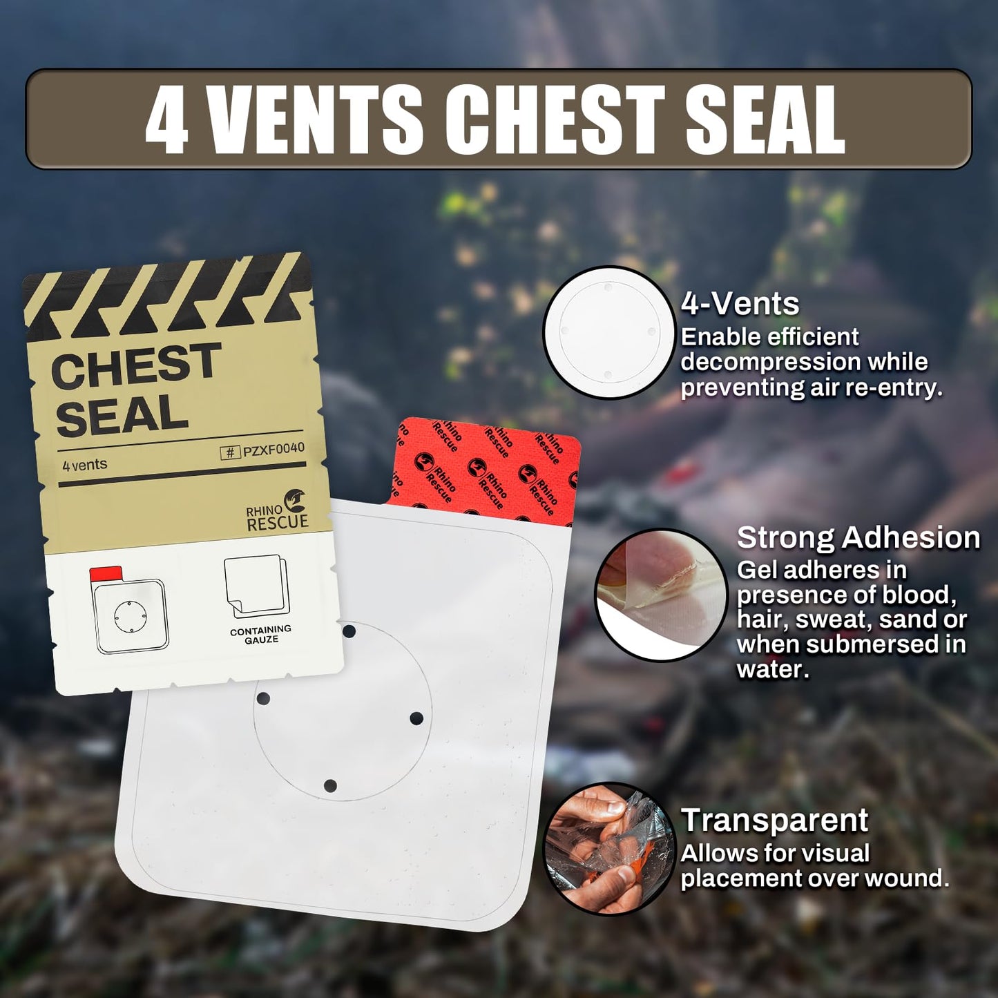 RHINO RESCUE Vented Chest Seal, 4 Vents, Sterile Emergency Trauma Dressing, Occlusive Adhesive Pad, IFAK Trauma Refill Medical First Aid Supplies for Wound Care, Gunshot Wound, Sucking Chest(6 Count)