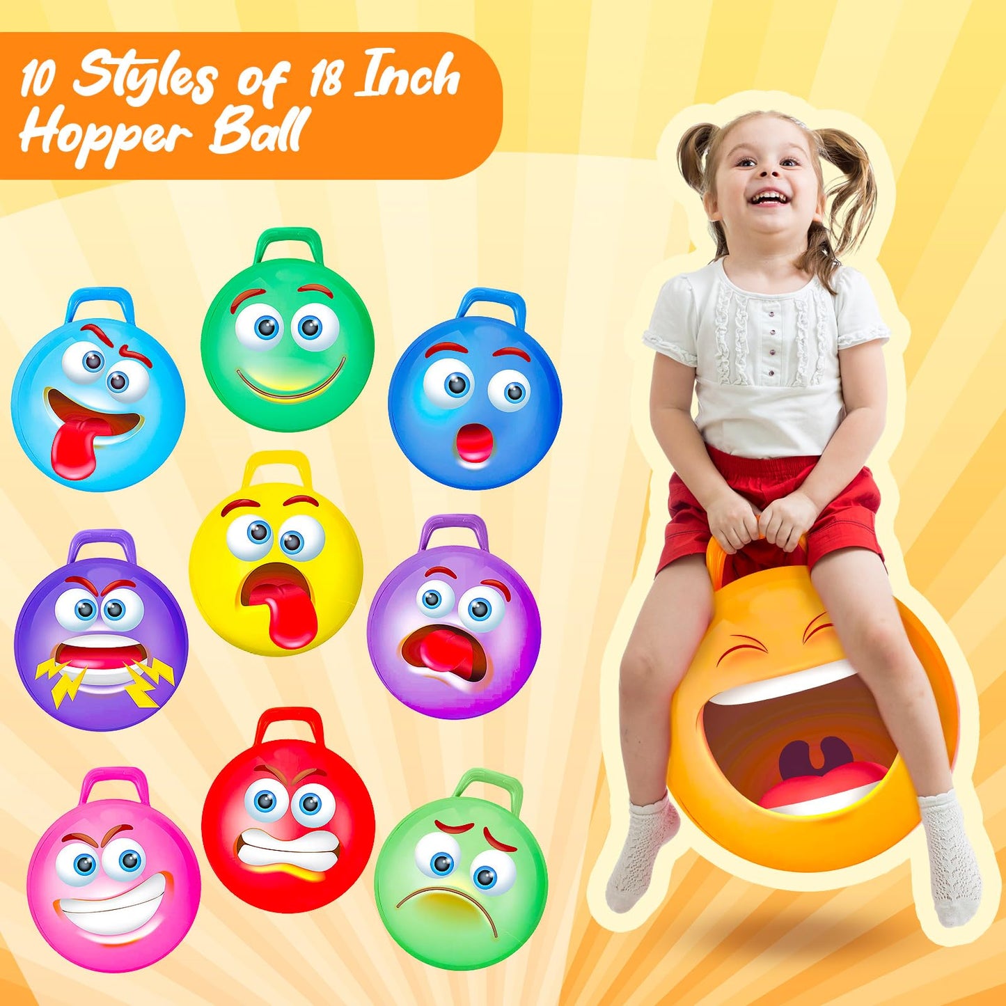 Poen 10 Pieces Kids Hopper Ball Bulk with Handle and Pump, 18 Inch Bouncy Inflatable Funny Jumping Hopping Ball Play Equipment Toys for Boys Girls Gifts Games Exercise
