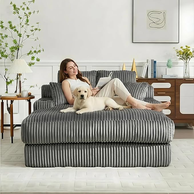 Asukale 60" Oversized Chaise Lounge Chair Indoor, Boneless Cloud Chair Bed with 4 Pillows & Armrests, No Assembly Corduroy Upholstered Sofa for Living Room, Bedroom, Apartment(Dark Grey)