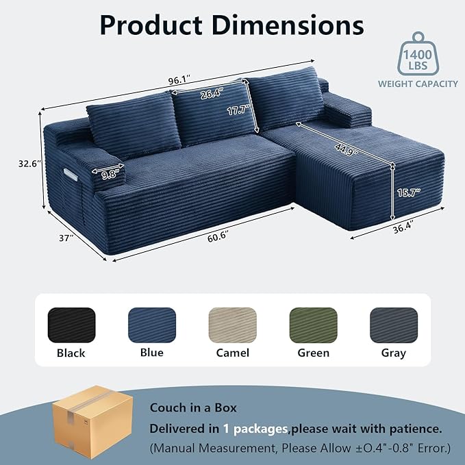 96" Cloud Sectional Couch with L-Shape Chaise, Modern Corduroy Boneless Couch for Living Room,Memory Foam Sofa with Deep Seat,No Assembly Required (Blue,Right-Facing Chaise)