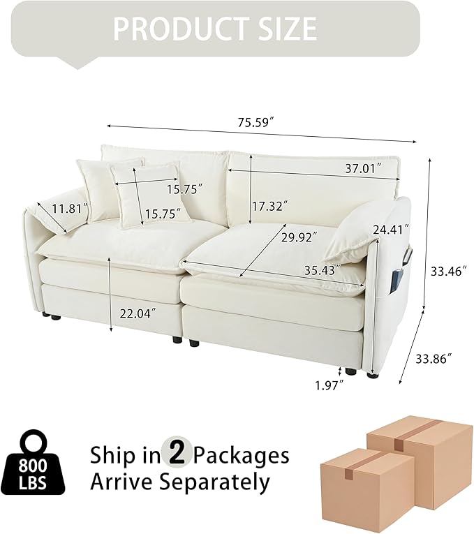 RENDGO 76" Modular Sectional Sofa, Chenille Cloud Couch for Living Room & Apartment, Deep Seat Comfort, Flexible Loveseat Combination Sofa for Home & Office,Beige