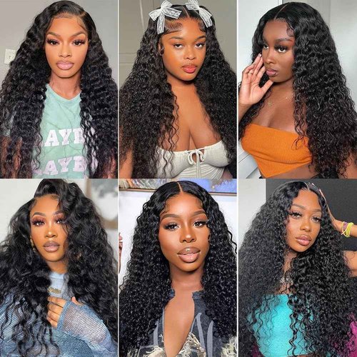 XVE 26 Inch 13x4 Deep Wave Lace Front Wigs Human Hair Pre Plucked 200 Density HD Transparent Lace Frontal Wig Wet And Wavy Lace Front Wigs Human Hair For Women Curly Glueless Wigs Natural Black