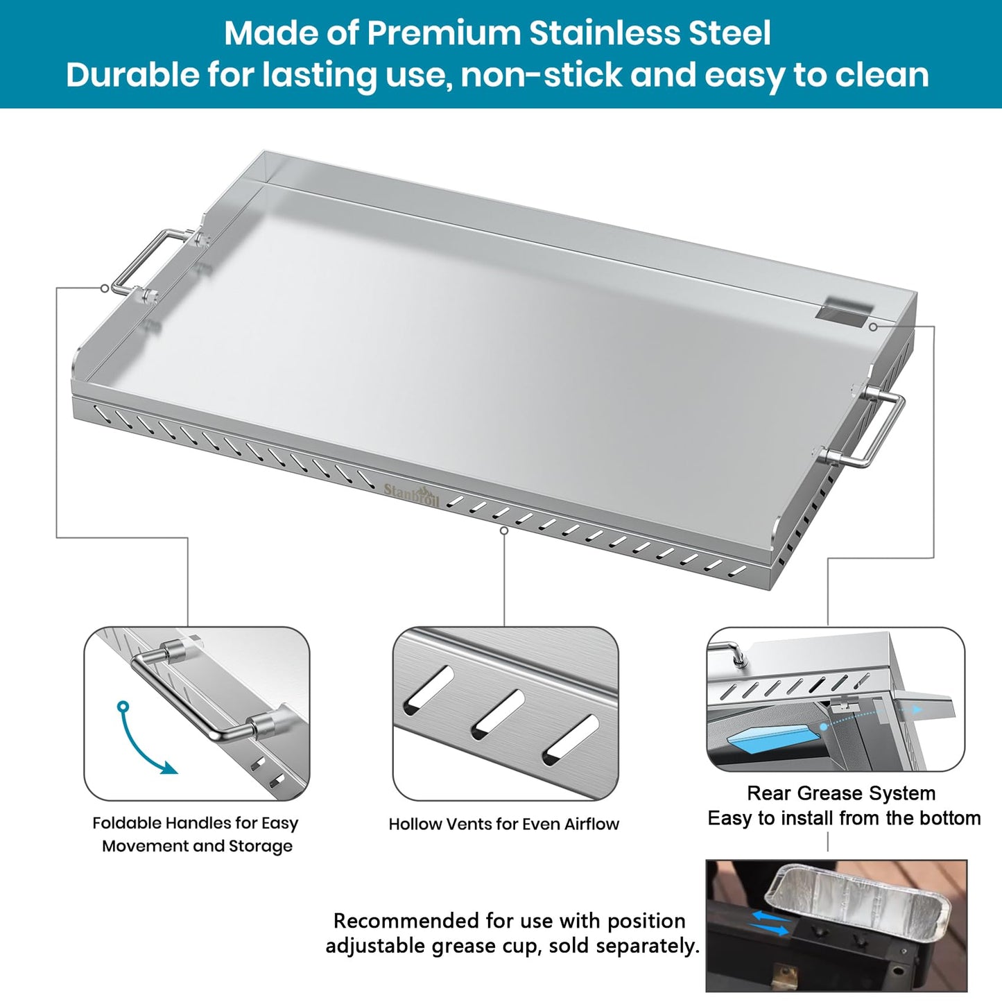 Stanbroil 28 inch Stainless Steel Flat Top Gas Grill Griddle Replacement for Blackstone 2-Burner Propane Fueled Grill Improved New Rear Grease Management System (Improved Version)