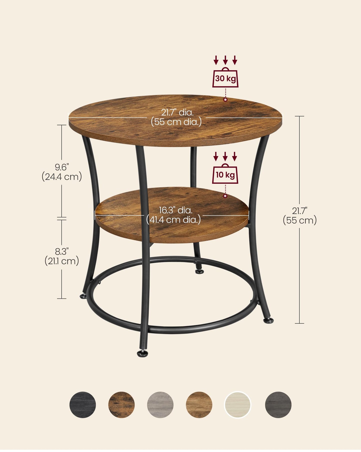 VASAGLE Side Table, 2-Tier Round End Table, Nightstand with Steel Frame for Small Spaces, Living Room, Bedroom, Rustic Brown and Ink Black
