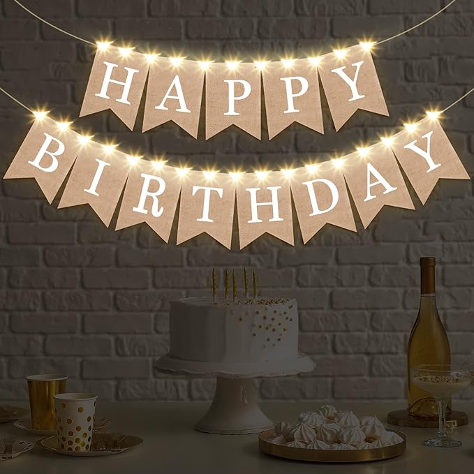 Breling 2 Pieces Burlap Happy Birthday Banner Flags Decor and 2 Pieces Mini LED Fairy Lights Battery Rustic Banner Garland...