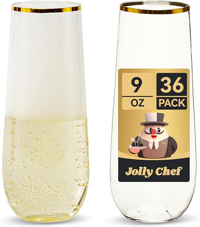 JOLLY CHEF 36 Pack 9 Oz Plastic Champagne Flutes, Gold Stemless Plastic Toasting Glasses| Shatterproof | Heavy Duty | Plas...