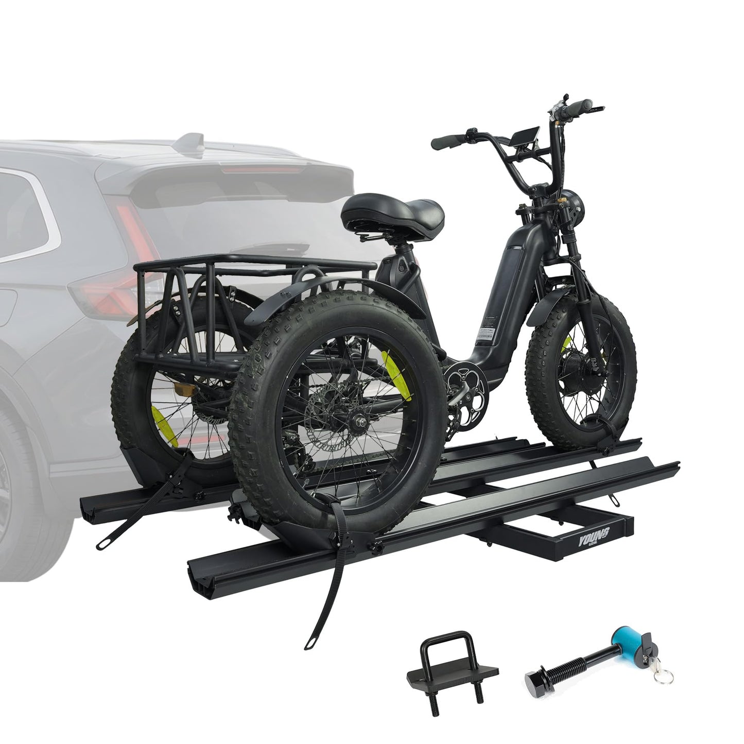 Hitch Mount Trike Rack for Tricycles - Bike Rack with 3 Ramps for Fat Tires Electric Trike, Adjustable Etrike Rack for Adult Tricycle, Folding Trikes Carrier for Cars, Trucks, SUVs, RVs 2" Receiver