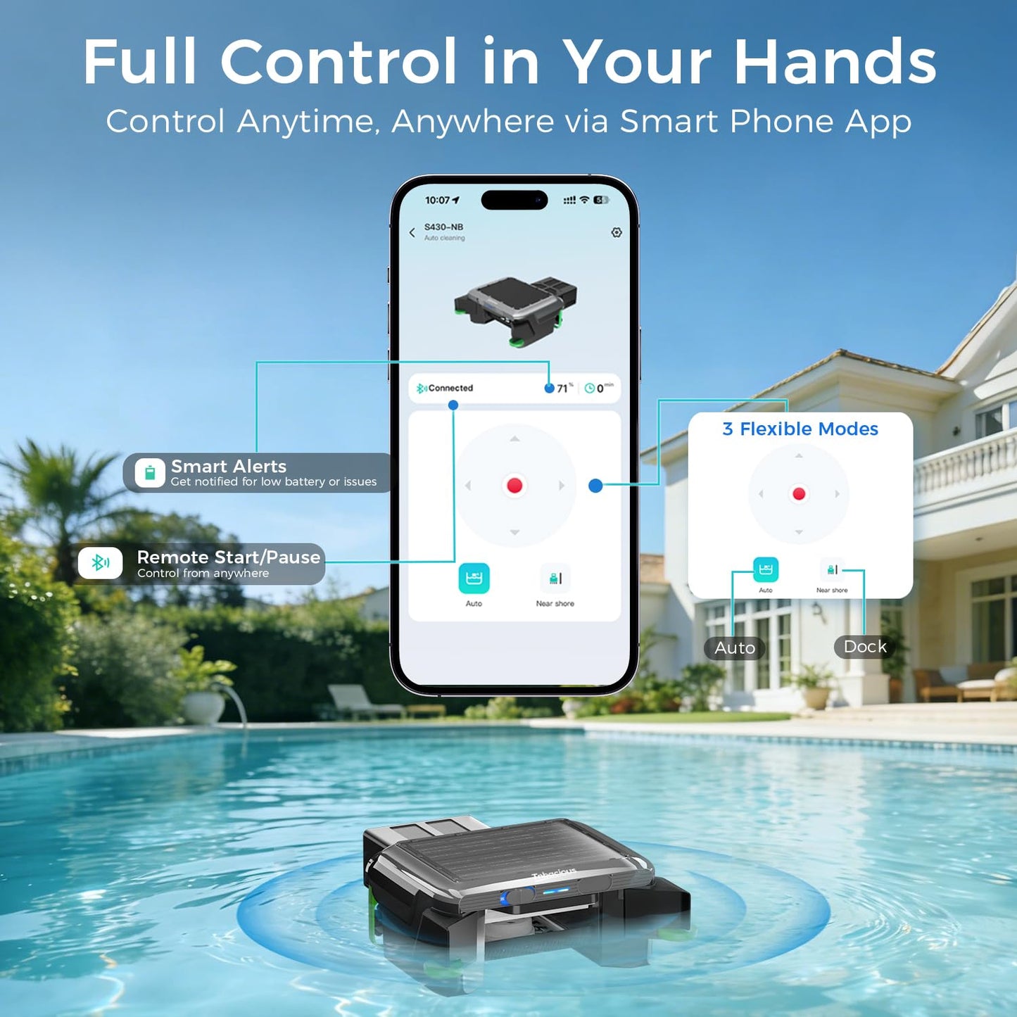 Solar Powered Pool Skimmer Robotic, Automatic Pool Surface Cleaner with APP Support, 24/7 Continuous Cleaning, Dual Charging Modes, Shallow Water Safeguard, Ideal for Above Ground & Inground Pools