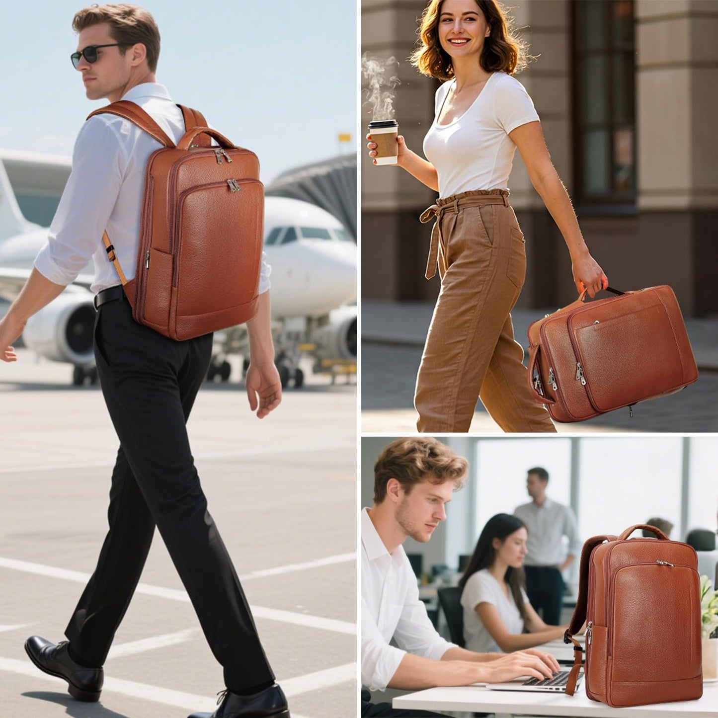 TIDING Expandable Leather 15.6" Laptop Backpack for Men Women, TSA Friendly Business Travel Bag Slim Work Casual Daypack