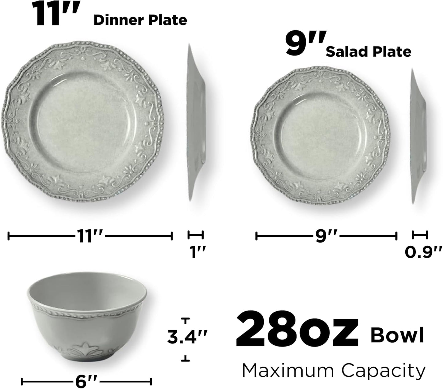 TP 12-Piece Dinnerware Set, Melamine Dishes Set with Bowls and Plates, Non-breakable and Lightweight Dinner Service for 4, Grey