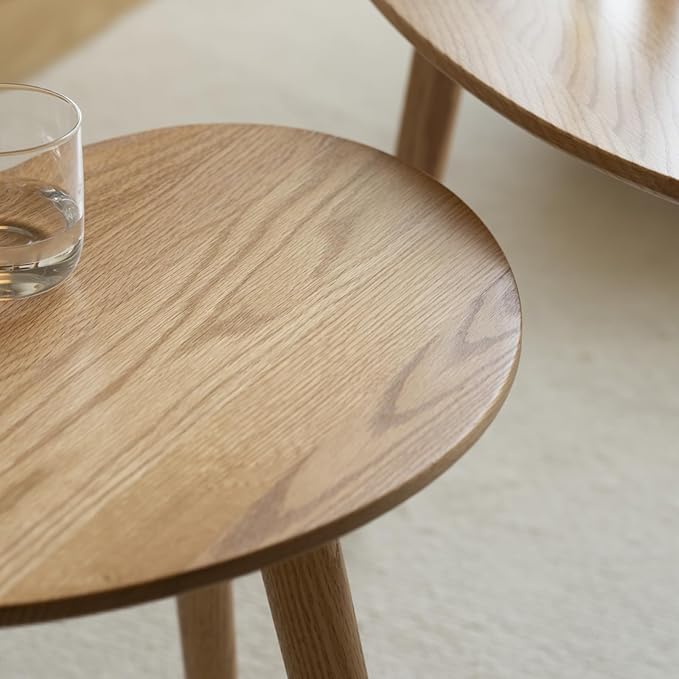 Vadisun Small Oval Nesting Table, Mid Century Coffee Table for Living Room,Solid Oak Wood End Tables,Triangle Tabletop with 3 Legs,Minimalist Display Living Tables (Original Wood Color, 3 Pieces)