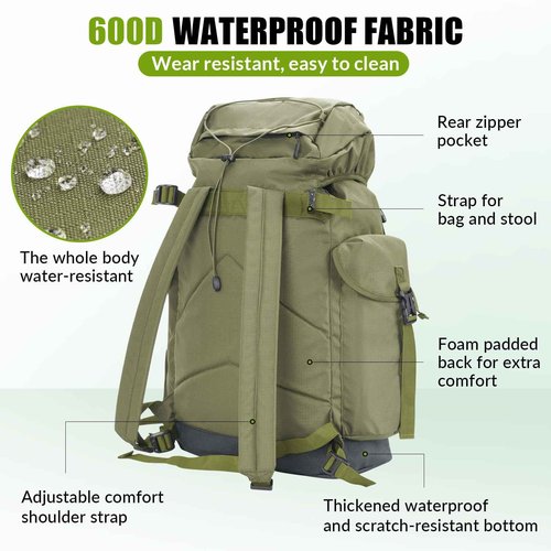 THKFISH Fishing Backpack with Foldable Chair, 35L Tackle Box Backpack with Rod Holders Fishing Storage Bag Portable Stool for Outdoor Fishings, Camping, and Hunting