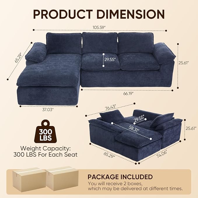 YAAREE 105.6”L Shape Modular Sectional Couch for Living Room, Modern Cloud Sectional 3 Seat Sofa with Oversized Chaise, Woven Texture Upholstery Boneless Couch (Blue, Left Facing Chaise)