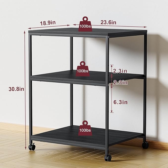 Vokumba Large Printer Stand with Wheels, 3 Tier Printer Table for Home Office, Rolling Printer Cart with Adjustable Storage Shelf for Shredder Scanner Fax (Black)