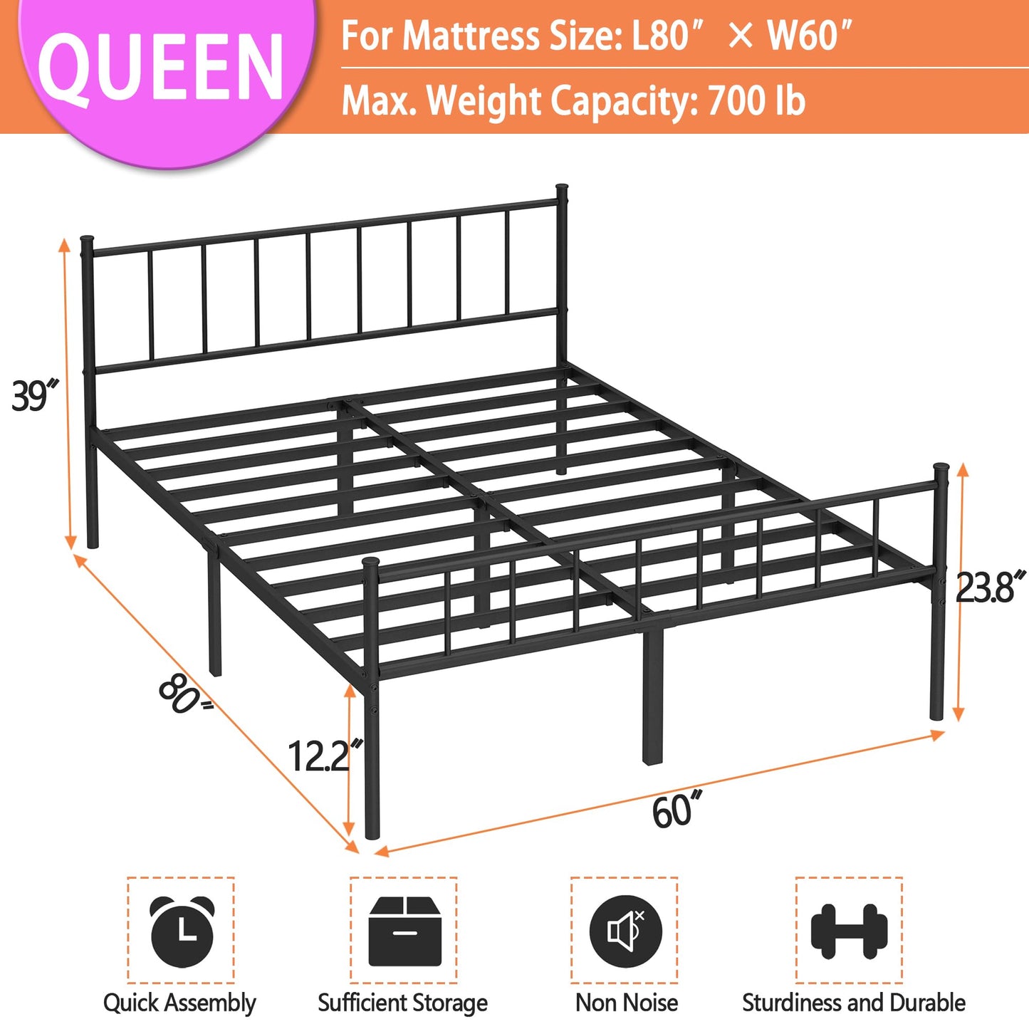 DIIYIV Queen Bed Frame-Classic Metal Platform Bed Frame,Mattress Foundation with Steel Slat Support,Under Foundation Storage,No Box Spring Needed, Easy Assembly, Queen Size