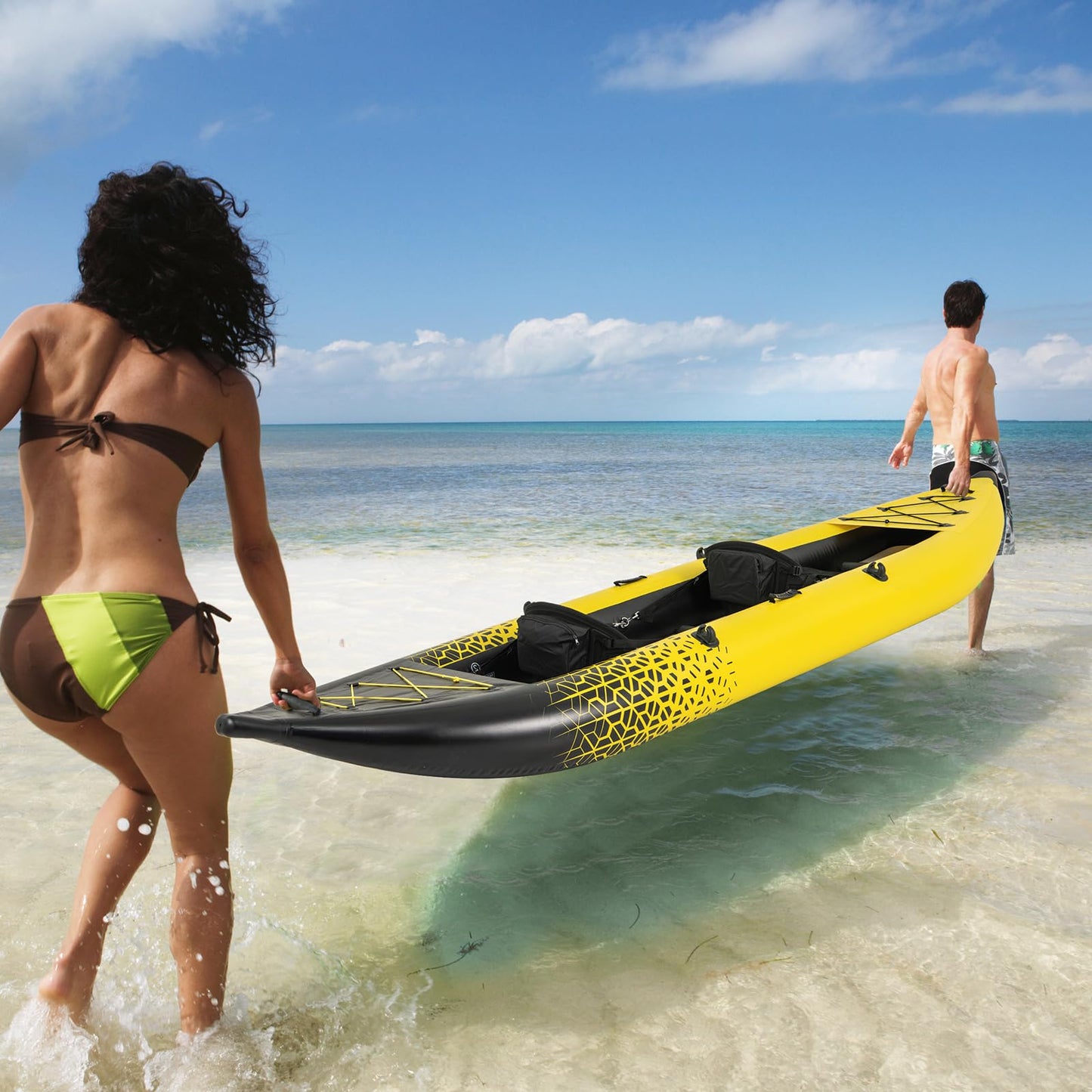 S AFSTAR Inflatable Kayak, 2 Person Canoe with 507 lbs Capacity, Drop-Stitch Floor, All Accessories & Carry Bag, 12.5 ft Large Sit in Tandem Kayak for Fishing, Camping & Exploring for Adults (Yellow)