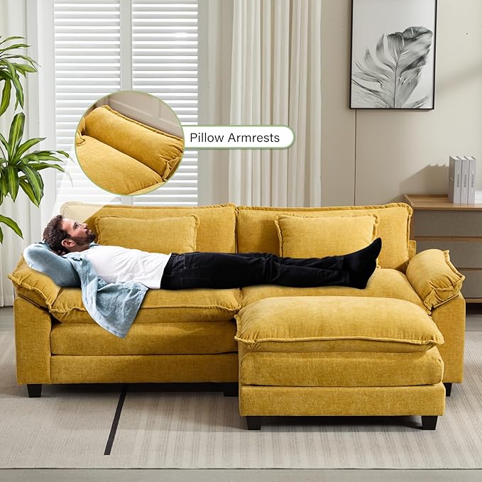 Oprisen 86" Modular Sectional Sofa, Comfy Cloud Couch Sectional Sofa with Ottoman, Chenille Sofa Sleeper Deep Seat Sofa with Throw Pillows for Living Room (Yellow, 86"- L Shape)