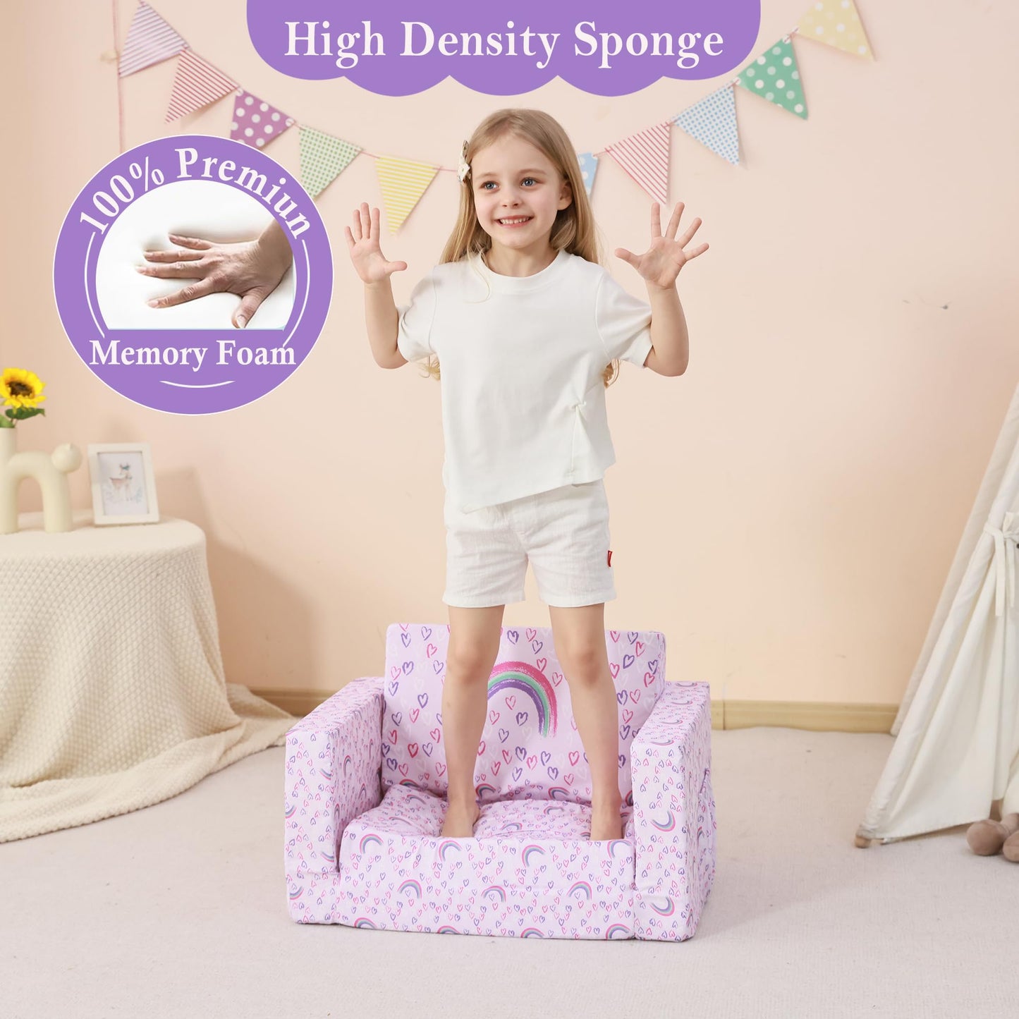 lasoftan Kids Sofa for Toddler, 2-in-1 Toddler Couch Fold Out, Convertible Sofa to Lounger Bed for Girls and Boys, with Removable Cover & Double Pockets - Purple Rainbow
