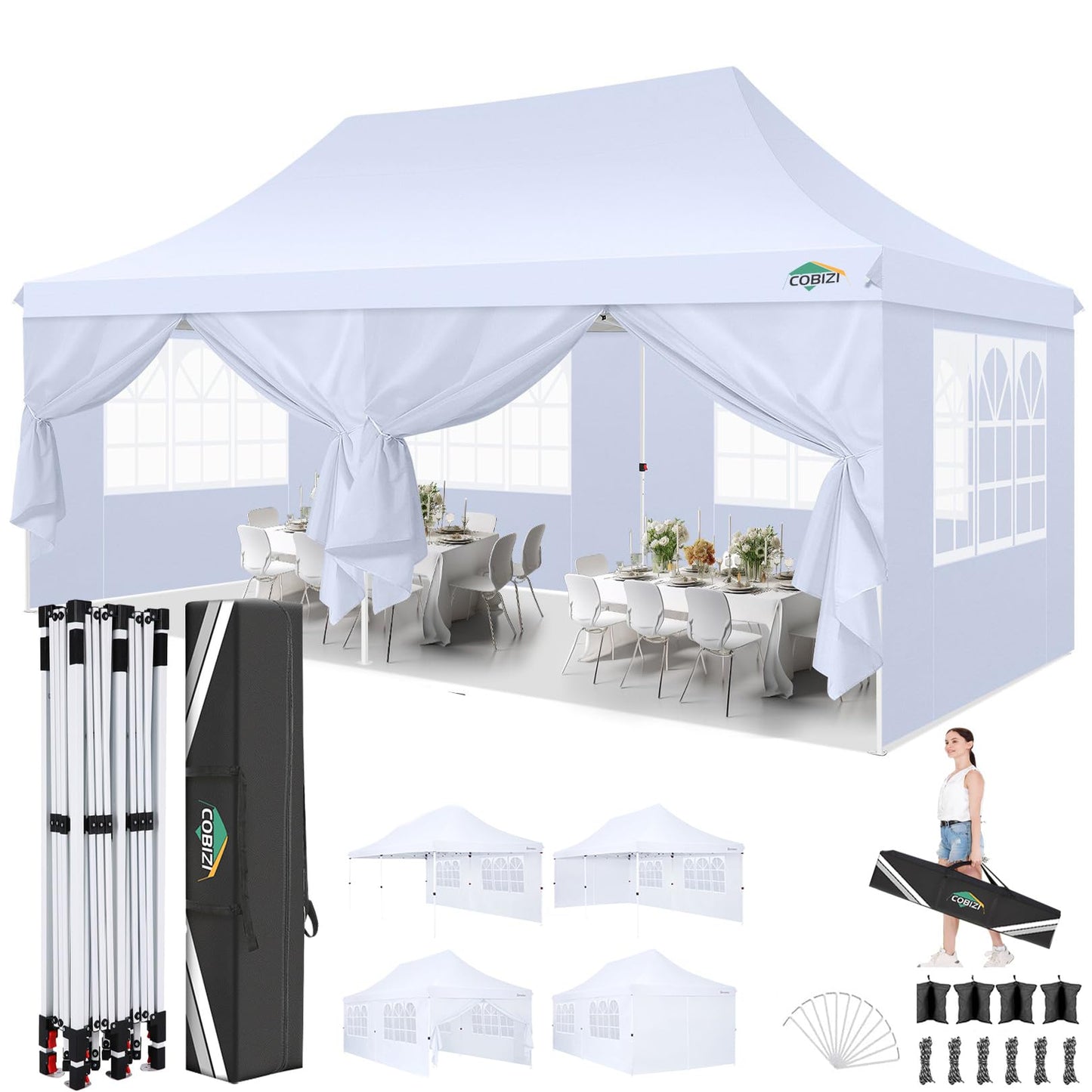 COBIZI 10x20 Pop Up Canopy with 6 Sidewalls, Conical Party Tent 10x20 with 3 Adjustable Height Waterproof, UV-Resistant with Carry Bag, Sandbag, Stake, Ropes for Parties, Commercial (Frame Upgraded)