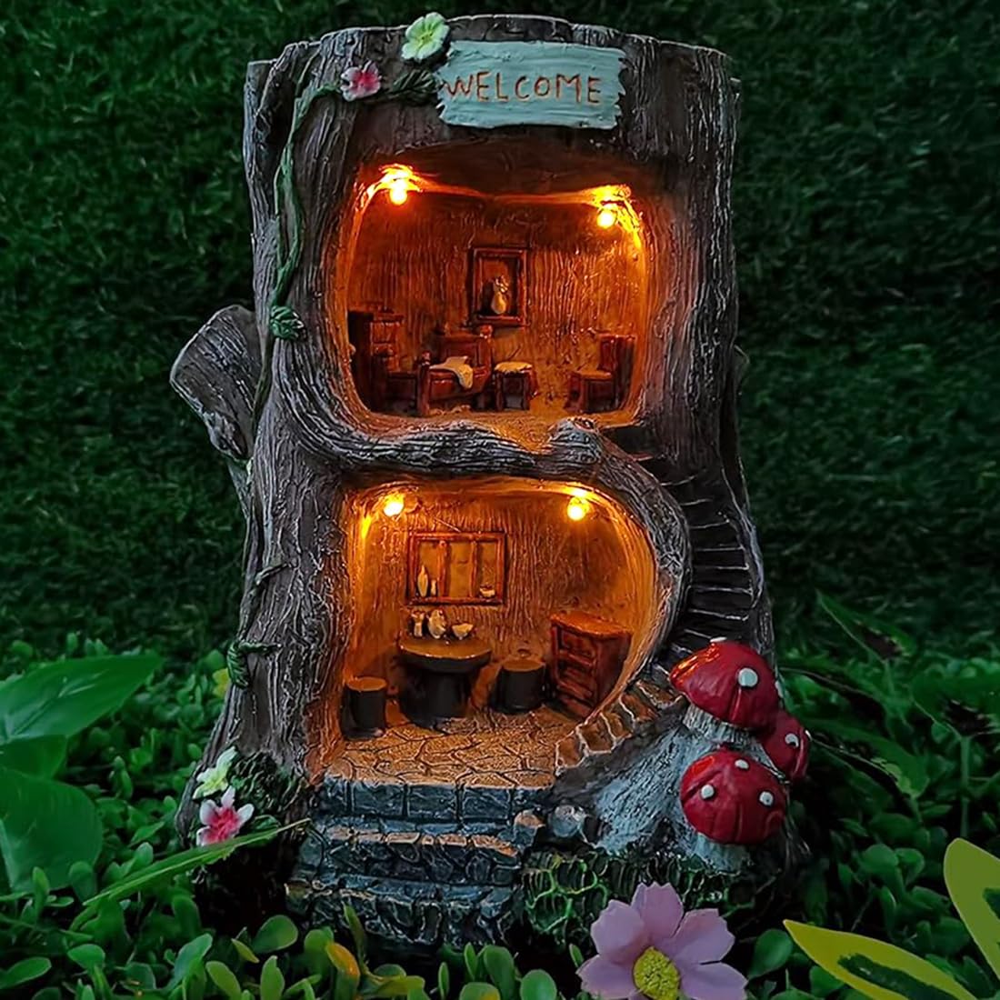 MARYTUMM Solar Light Fairy Tree House - Fun Natural Figurine Sculpture with Solar LED Lights for Indoor Outdoor Art Decorations, Patio Yard Lawn Ornaments Gift