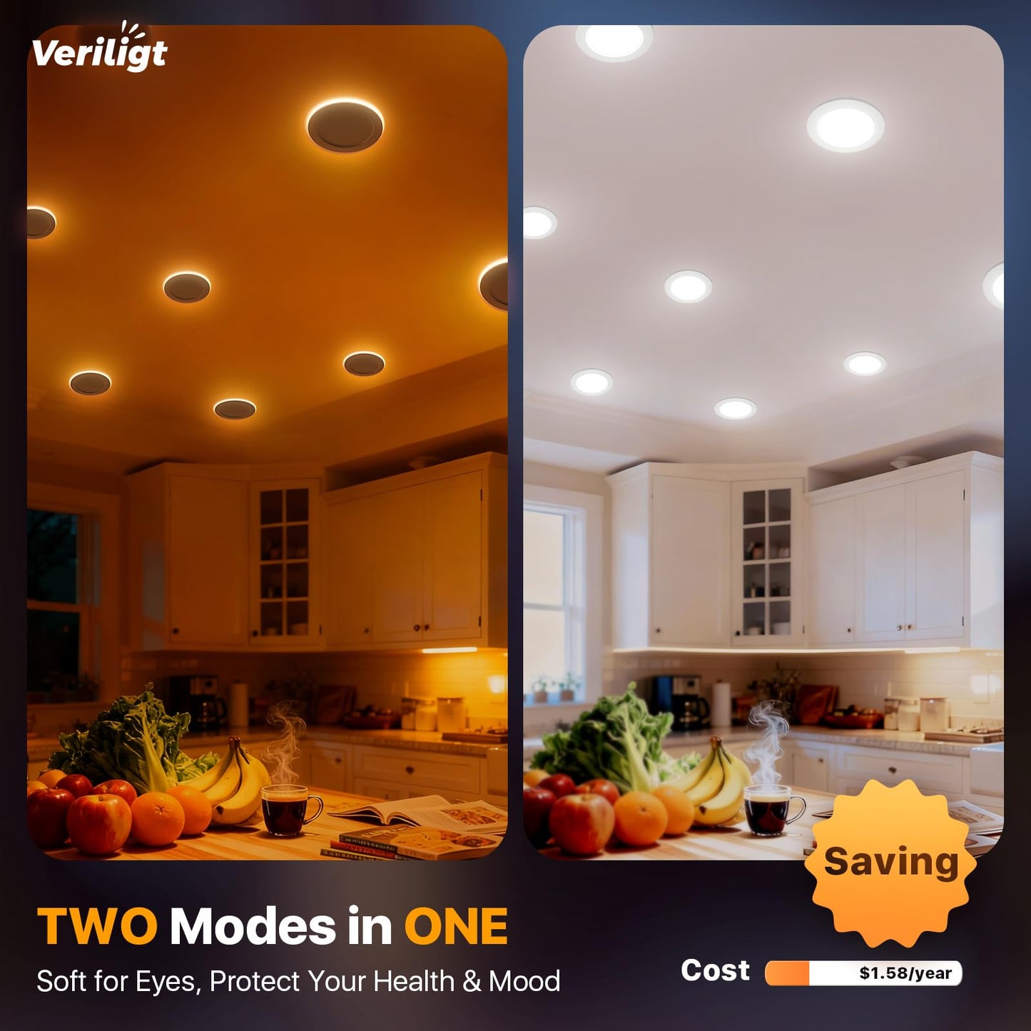 Veriligt 6 Pack 6 Inch LED Recessed Light with Night Light, 2700K/3000K/3500K/4000K/5000K 5CCT Ceiling Light, 1050LM 12W 120V, Dimmable Canless Wafer Downlight ETL&FCC, Energy Saving Star