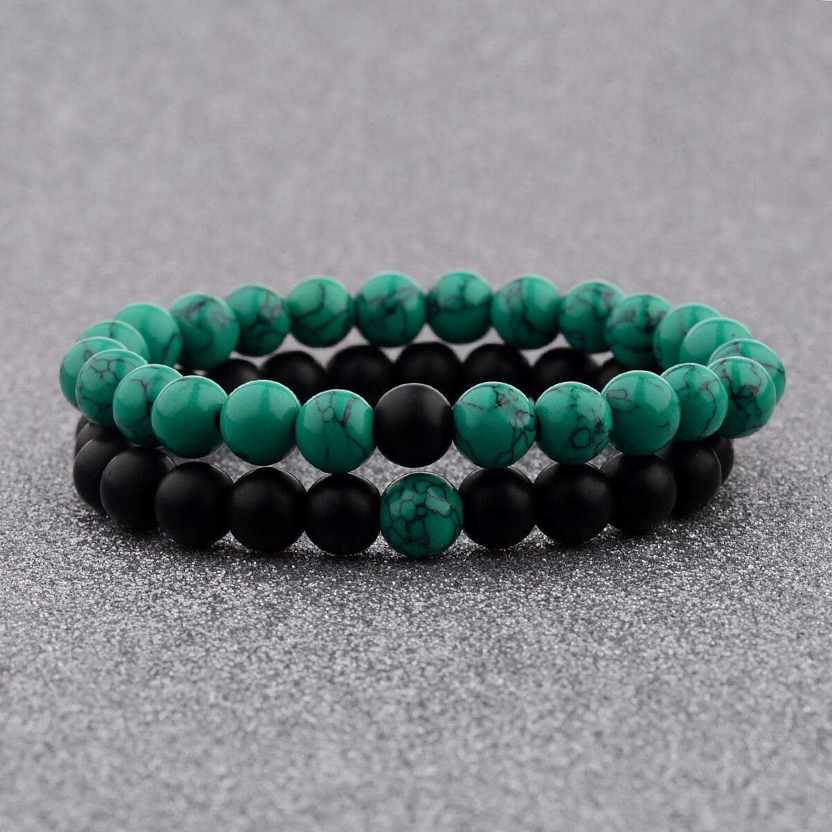 CNLQ Long Distance Bracelets For Lovers Couples Matching Gift Matte Agate 8mm Bead Stone (Elastic Red) (Elastic Green2)