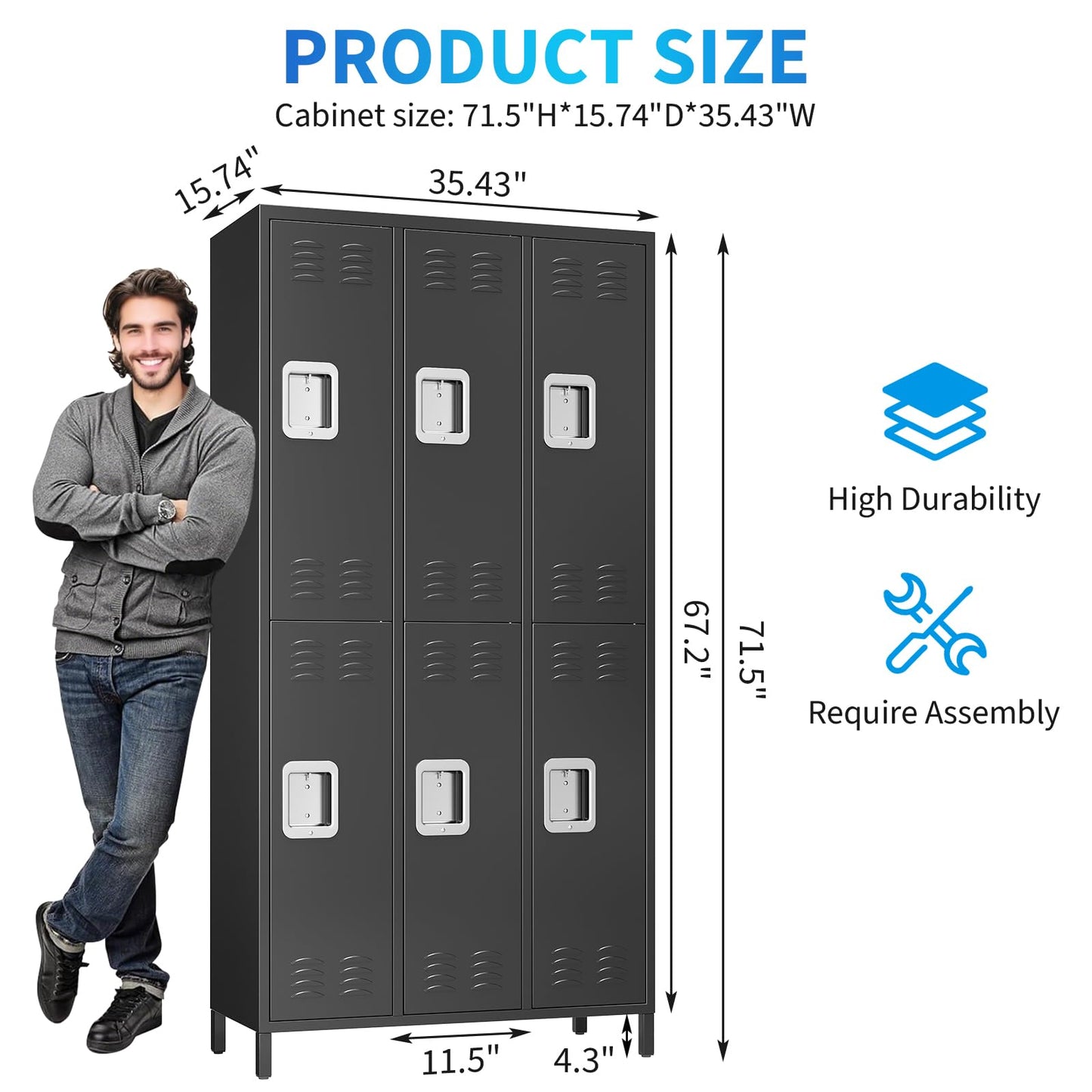 PioneerWorks 6-Door Metal Storage Locker with 18 Hooks, Heavy Duty Steel Locker for Gym, School, Office, Garage, Employee Locker Room, Home Organization, Black, Assembly Required