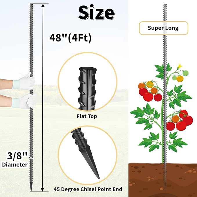 Besitu Rebar Stakes 48 inches 16-Pack Concrete Form Stakes Straight 3/8" Diameter Rebar Ground Metal Stakes for Landscaping, Securing Fence, Garden Plants Support, Survey Markers and Securing Trees