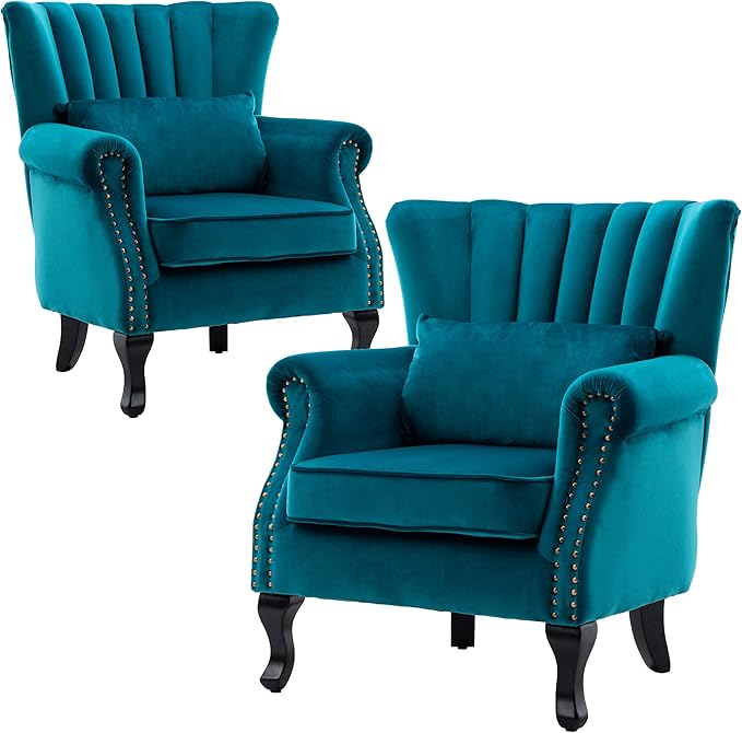 DM Furniture Velvet Accent Chairs Set of 2 with Arm Comfy Living Room Chair Mid-Century Modern Wingback Side Chair Single Sofa Couch for Bedroom Guest Room, Teal Blue