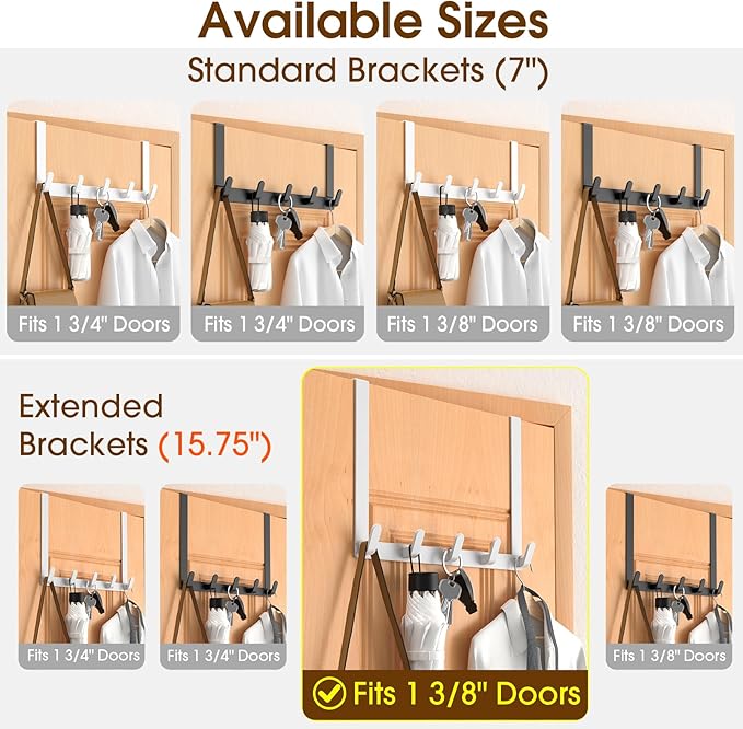 Long Over The Door Hooks with 15.75-inch Arms for Easier Access by Women, Heavy Duty Door Hanger for Winter Coat, L16U, Fits Standard 1 3/8'' Doors, Towel Racks Organization, White