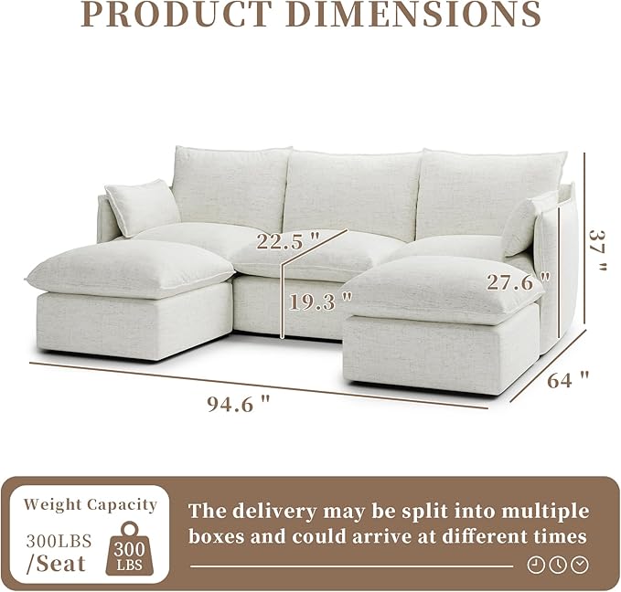 Gtilzria Waterproof Cloud Sectional Couches for Living Room,High Backrest Down Filled Couch,5 Seater Oversized Modular U-Shaped Sofas,Detachable Sofa Covers,Cream White