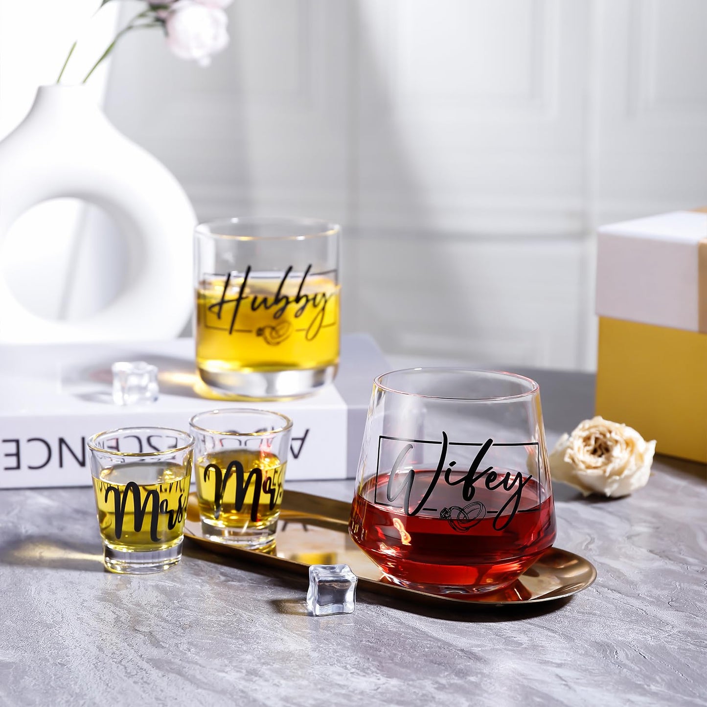 JOVGANK Wedding Gifts for Couples 2025, Bridal Shower Gifts, His and Hers Glass, Mr and Mrs Glass, Drinking Glasses Set, Hubby and Wifey Gift, Couples Gift for Bride and Groom